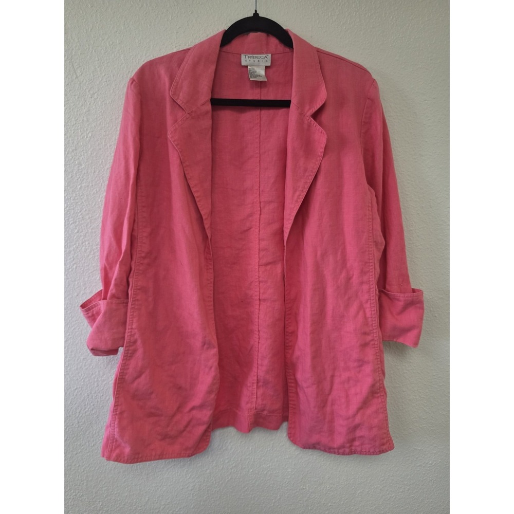 Tribeca Studio Women Linen Blazer Size 14 Pink Solid Collared Jacket VTG